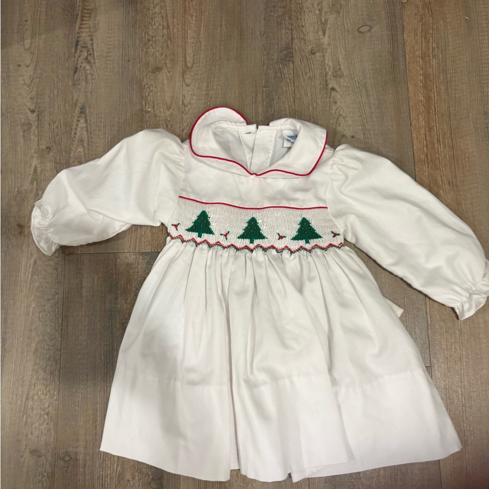 Elegant White Dress with Green Tree Embroidery smocked christmas
